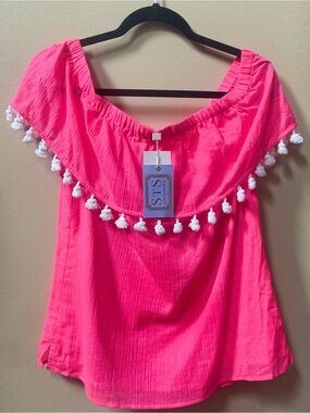 NWT Sail to Sable Off The Shoulder Crinkle Cotton Pom Pom Top Neon Pink Sz M
